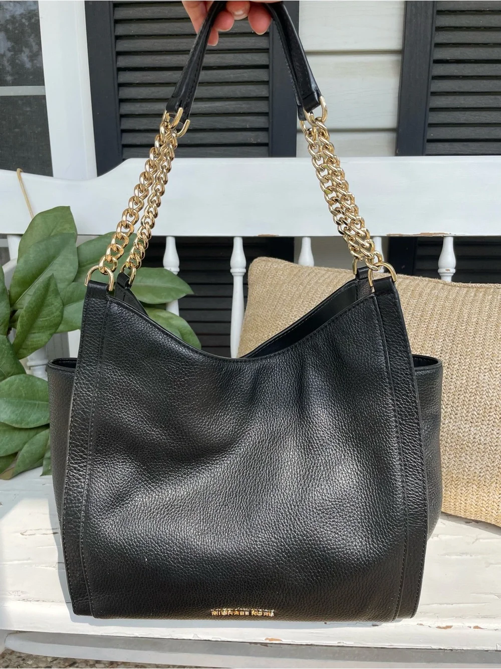 Michael Kors Newbury Medium Chain Black Pebbled Leather Shoulder Tote